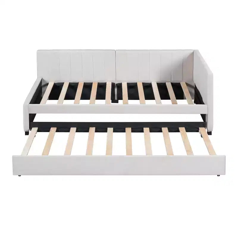 Lit de repos capitonné taille double avec lit gigogne, cadre de lit de jour double avec accoudoir, canapé-lit pour salon chambre, beige