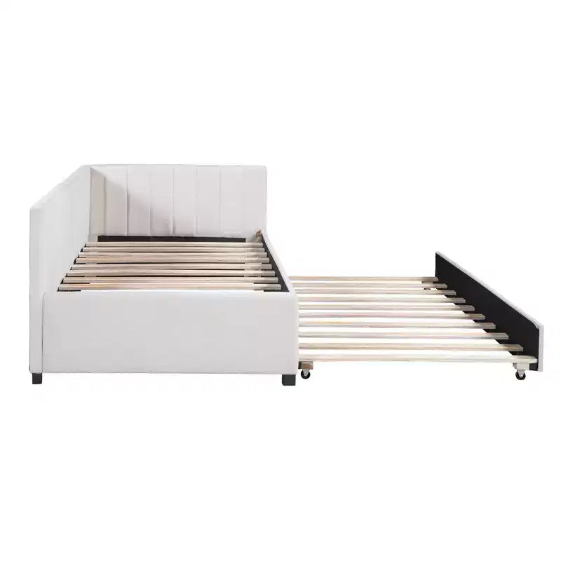 Lit de repos capitonné taille double avec lit gigogne, cadre de lit de jour double avec accoudoir, canapé-lit pour salon chambre, beige