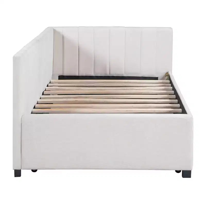 Lit de repos capitonné taille double avec lit gigogne, cadre de lit de jour double avec accoudoir, canapé-lit pour salon chambre, beige