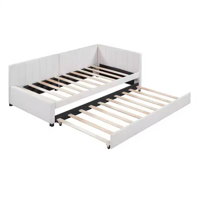 Lit de repos capitonné taille double avec lit gigogne, cadre de lit de jour double avec accoudoir, canapé-lit pour salon chambre, beige