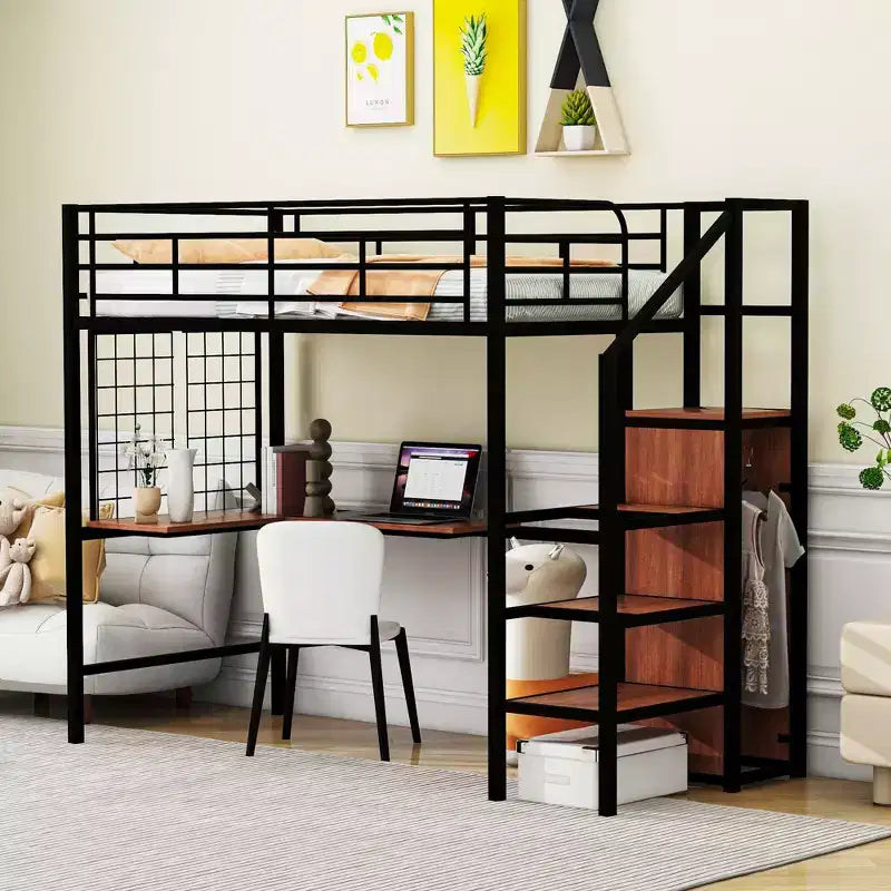 Bellemave Twin Size Metal Loft Bed with Desk and Metal Grid, Stylish Metal Frame Bed with Lateral Storage Ladder and Wardrobe, Black
