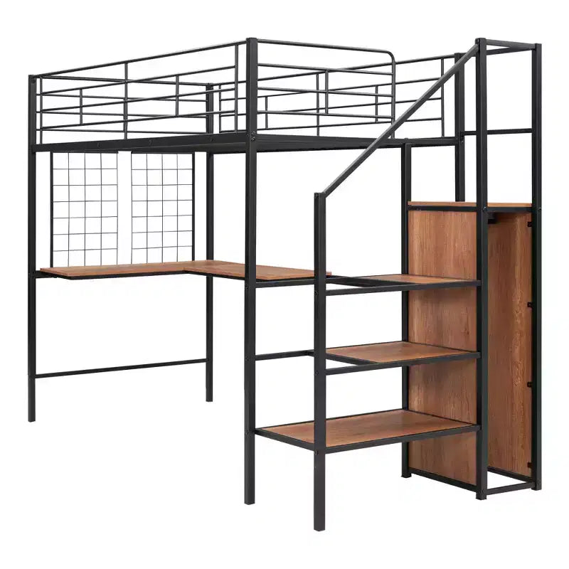 Lit mezzanine double en métal avec bureau et grille métallique, lit élégant en métal avec échelle de rangement latérale et armoire, noir