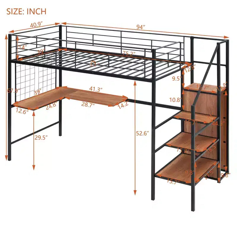 Lit mezzanine double en métal avec bureau et grille métallique, lit élégant en métal avec échelle de rangement latérale et armoire, noir