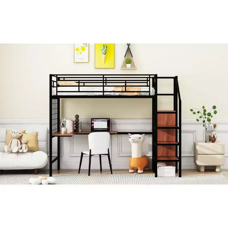 Lit mezzanine double en métal avec bureau et grille métallique, lit élégant en métal avec échelle de rangement latérale et armoire, noir