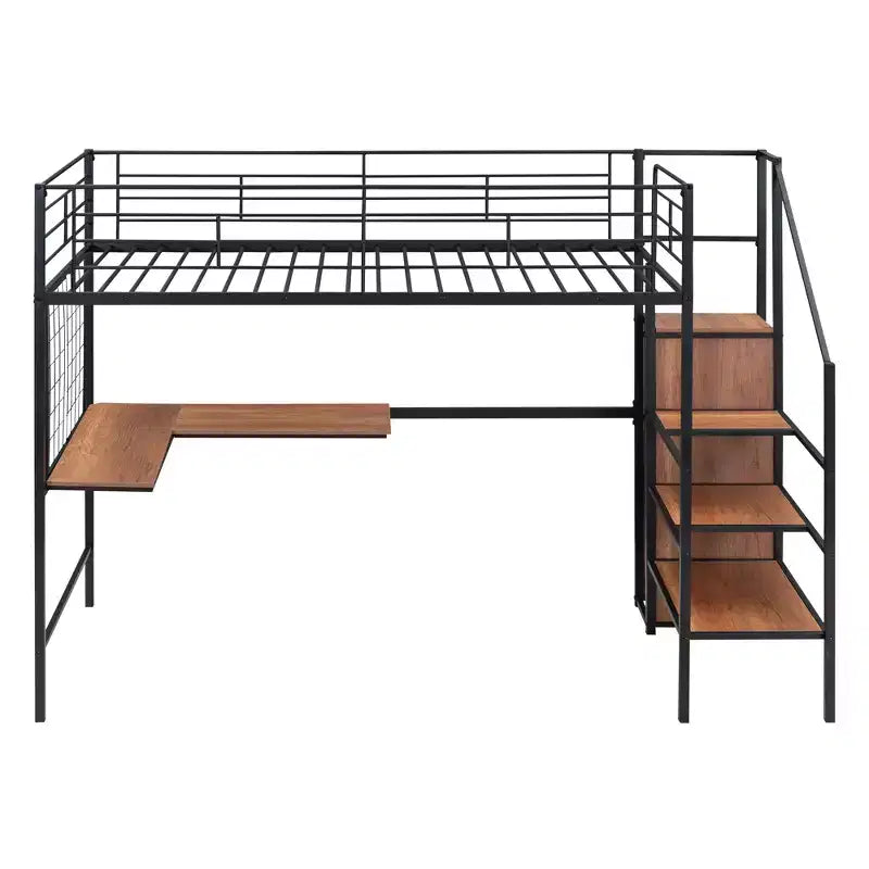 Lit mezzanine double en métal avec bureau et grille métallique, lit élégant en métal avec échelle de rangement latérale et armoire, noir