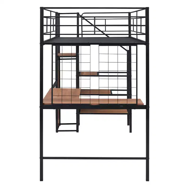Lit mezzanine double en métal avec bureau et grille métallique, lit élégant en métal avec échelle de rangement latérale et armoire, noir