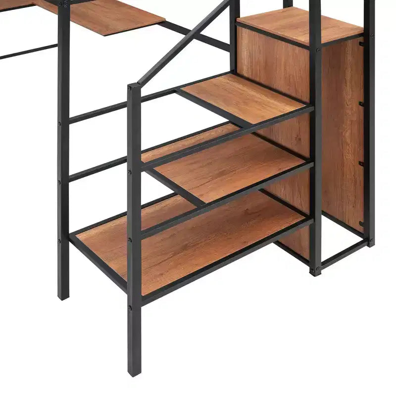 Lit mezzanine double en métal avec bureau et grille métallique, lit élégant en métal avec échelle de rangement latérale et armoire, noir