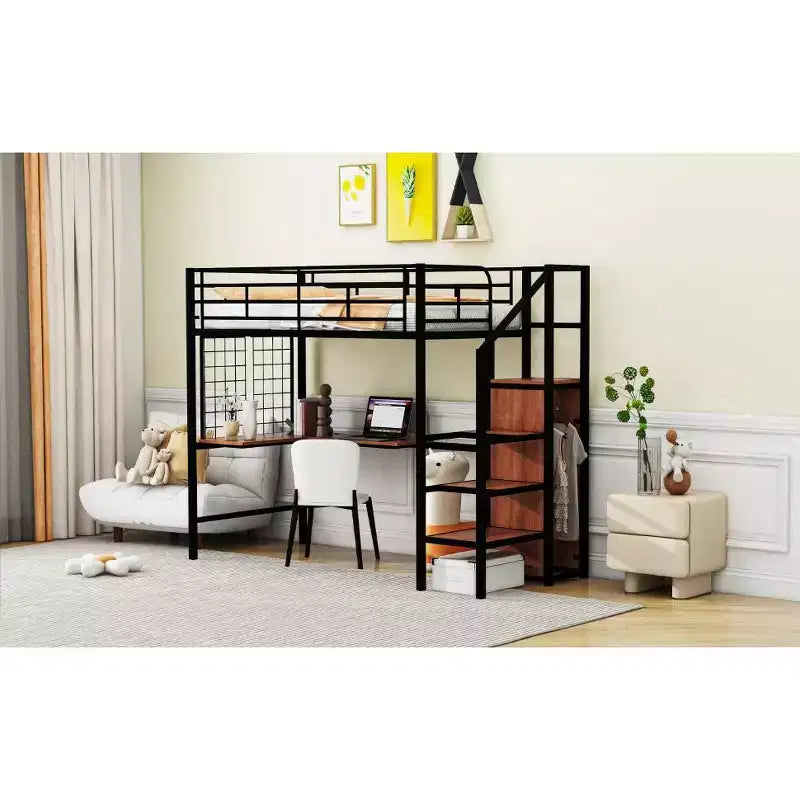 Lit mezzanine double en métal avec bureau et grille métallique, lit élégant en métal avec échelle de rangement latérale et armoire, noir