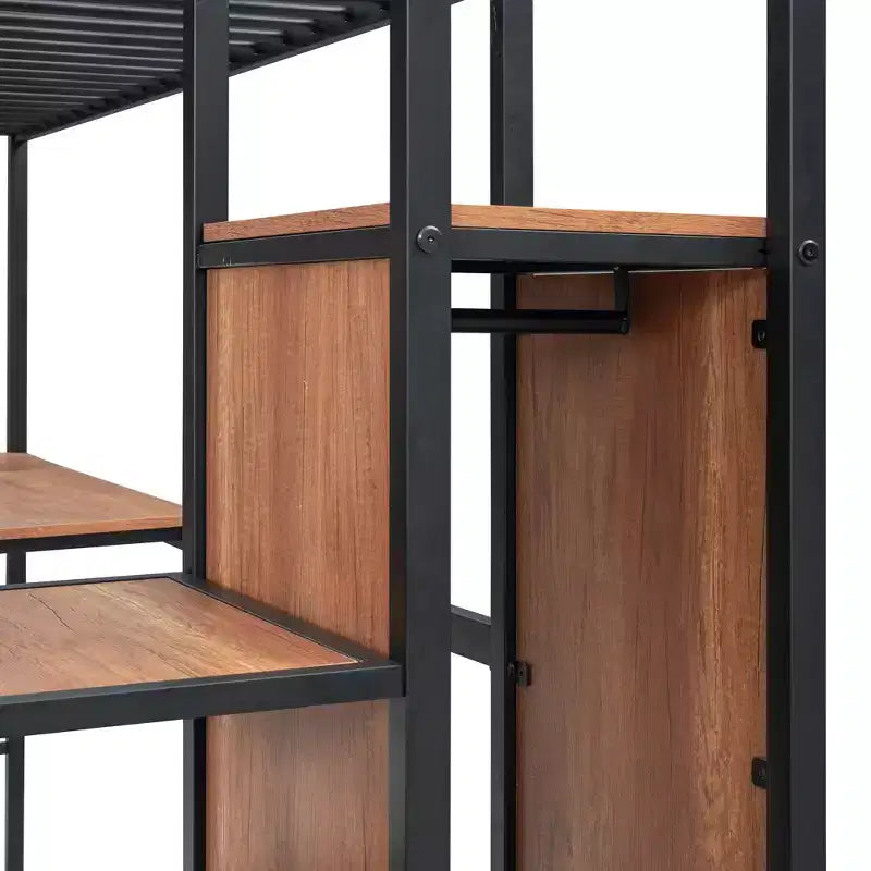 Lit mezzanine double en métal avec bureau et grille métallique, lit élégant en métal avec échelle de rangement latérale et armoire, noir