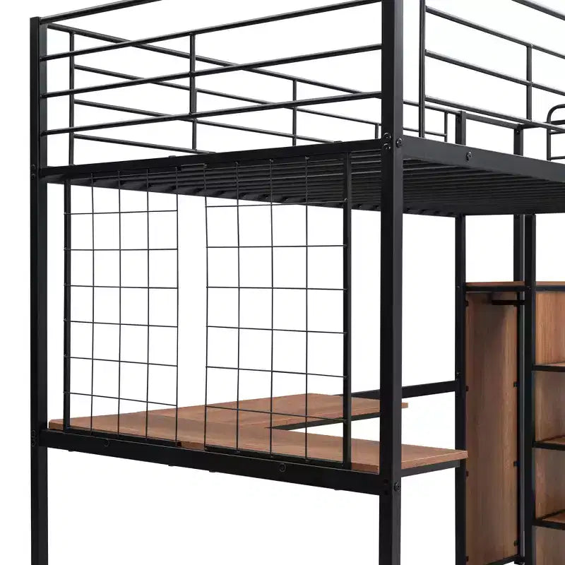 Lit mezzanine double en métal avec bureau et grille métallique, lit élégant en métal avec échelle de rangement latérale et armoire, noir