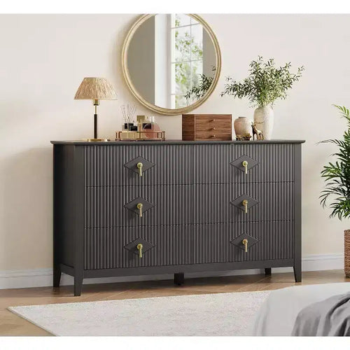 Commode à 6 tiroirs extra large de 137 cm avec panneaux cannelés Meuble de rangement moderne Meuble TV finition chêne, pour chambre, salon, couloir