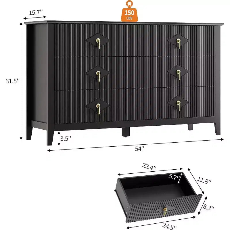 Commode à 6 tiroirs extra large de 137 cm avec panneaux cannelés Meuble de rangement moderne Meuble TV finition chêne, pour chambre, salon, couloir