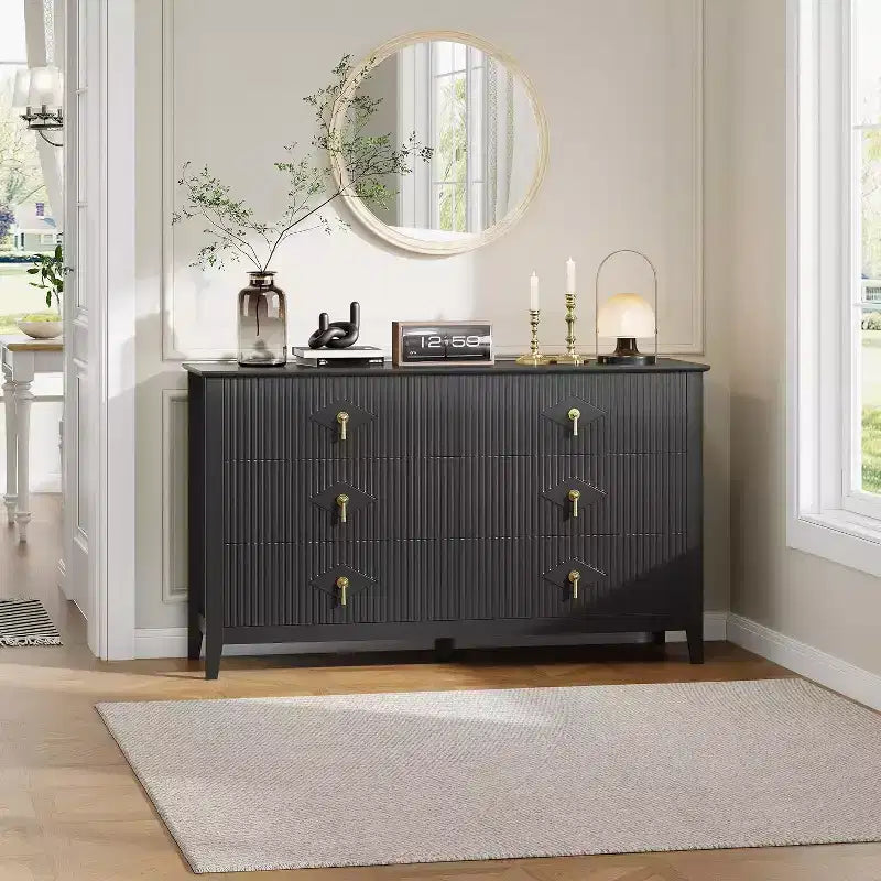 Commode à 6 tiroirs extra large de 137 cm avec panneaux cannelés Meuble de rangement moderne Meuble TV finition chêne, pour chambre, salon, couloir