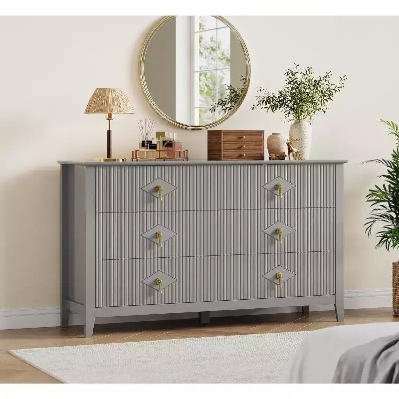 Commode à 6 tiroirs extra large de 137 cm avec panneaux cannelés Meuble de rangement moderne Meuble TV finition chêne, pour chambre, salon, couloir