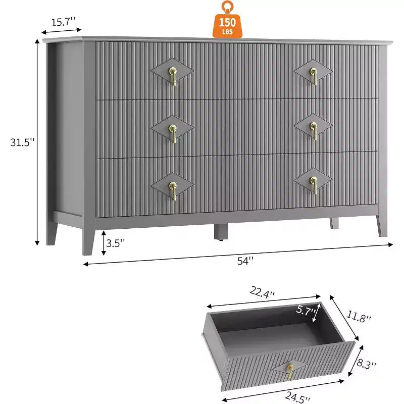 Commode à 6 tiroirs extra large de 137 cm avec panneaux cannelés Meuble de rangement moderne Meuble TV finition chêne, pour chambre, salon, couloir