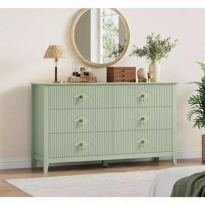 Commode à 6 tiroirs extra large de 137 cm avec panneaux cannelés Meuble de rangement moderne Meuble TV finition chêne, pour chambre, salon, couloir