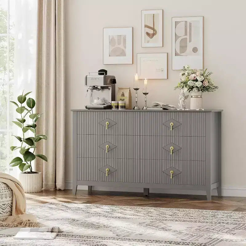 Commode à 6 tiroirs extra large de 137 cm avec panneaux cannelés Meuble de rangement moderne Meuble TV finition chêne, pour chambre, salon, couloir