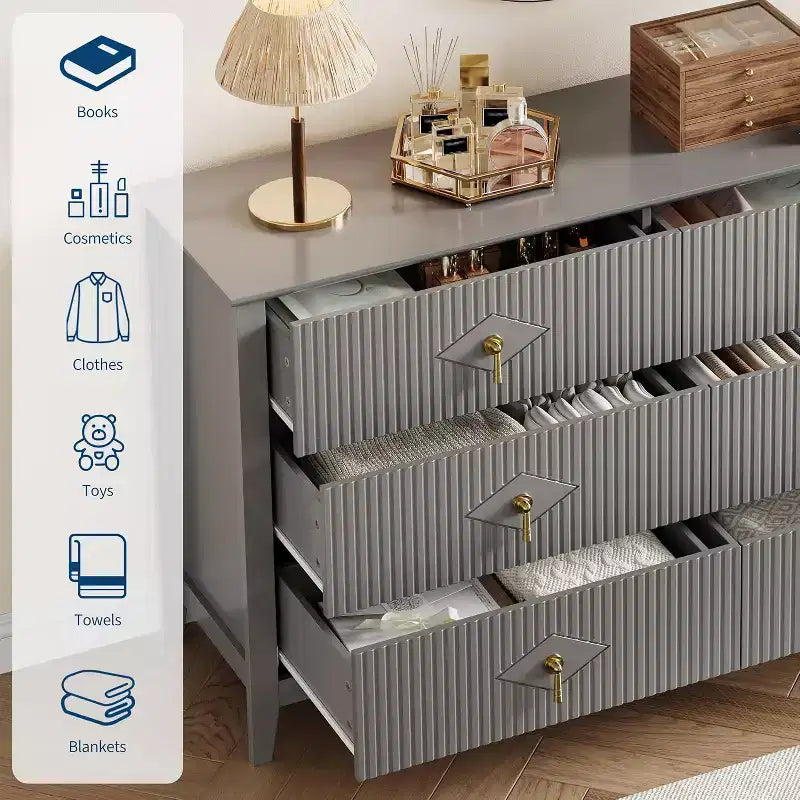 Commode à 6 tiroirs extra large de 137 cm avec panneaux cannelés Meuble de rangement moderne Meuble TV finition chêne, pour chambre, salon, couloir