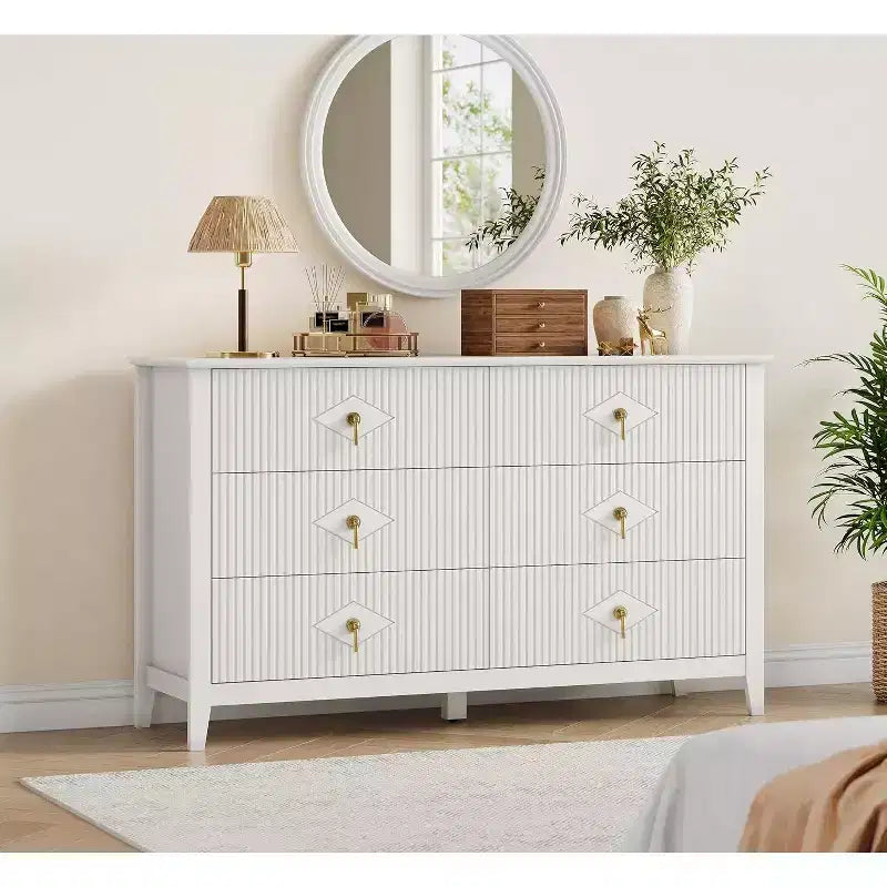 Commode à 6 tiroirs extra large de 137 cm avec panneaux cannelés Meuble de rangement moderne Meuble TV finition chêne, pour chambre, salon, couloir