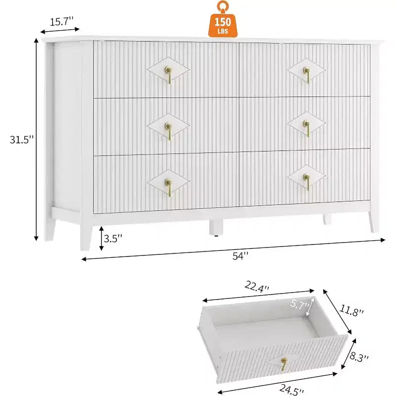 Commode à 6 tiroirs extra large de 137 cm avec panneaux cannelés Meuble de rangement moderne Meuble TV finition chêne, pour chambre, salon, couloir