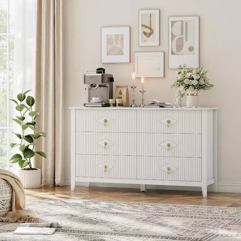 Commode à 6 tiroirs extra large de 137 cm avec panneaux cannelés Meuble de rangement moderne Meuble TV finition chêne, pour chambre, salon, couloir