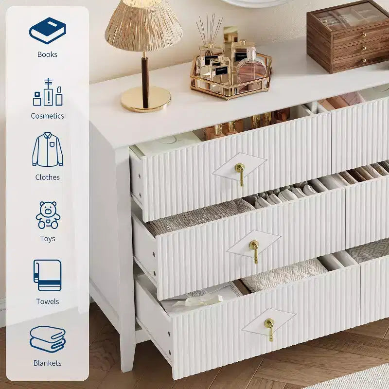 Commode à 6 tiroirs extra large de 137 cm avec panneaux cannelés Meuble de rangement moderne Meuble TV finition chêne, pour chambre, salon, couloir
