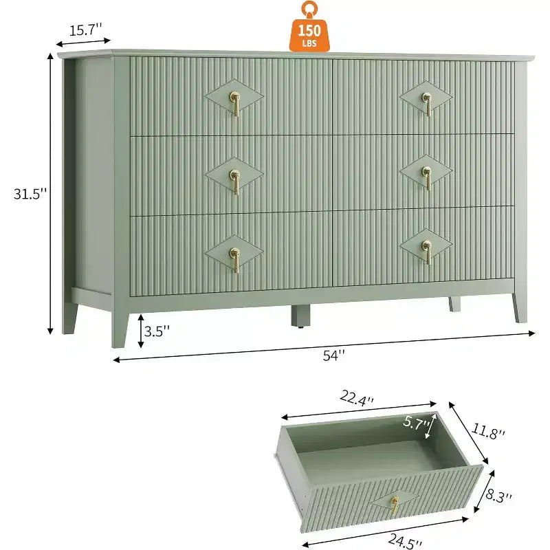 Commode à 6 tiroirs extra large de 137 cm avec panneaux cannelés Meuble de rangement moderne Meuble TV finition chêne, pour chambre, salon, couloir