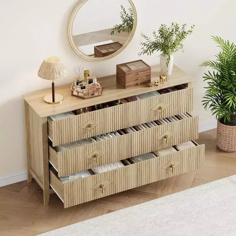 Commode à 6 tiroirs extra large de 137 cm avec panneaux cannelés Meuble de rangement moderne Meuble TV finition chêne, pour chambre, salon, couloir