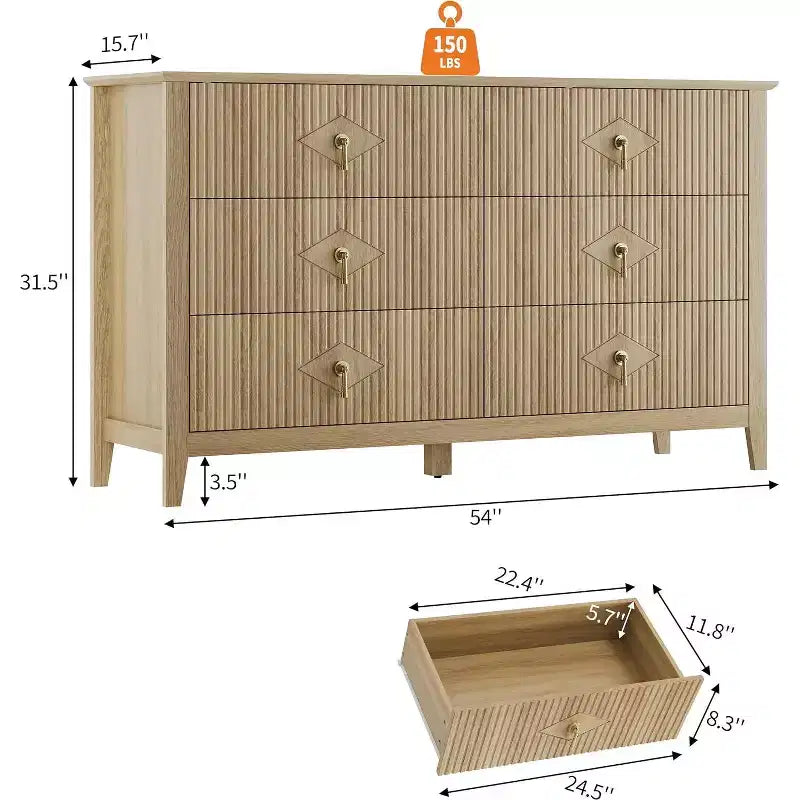 Commode à 6 tiroirs extra large de 137 cm avec panneaux cannelés Meuble de rangement moderne Meuble TV finition chêne, pour chambre, salon, couloir
