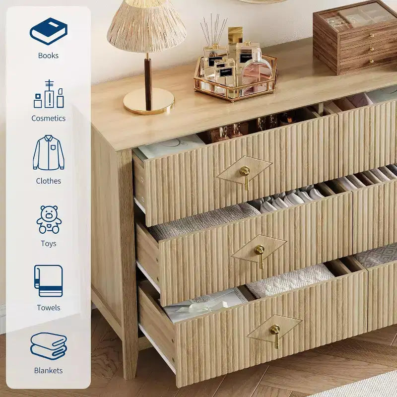 Commode à 6 tiroirs extra large de 137 cm avec panneaux cannelés Meuble de rangement moderne Meuble TV finition chêne, pour chambre, salon, couloir