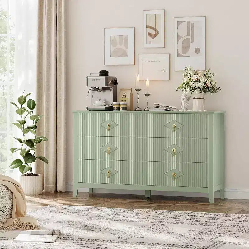 Commode à 6 tiroirs extra large de 137 cm avec panneaux cannelés Meuble de rangement moderne Meuble TV finition chêne, pour chambre, salon, couloir