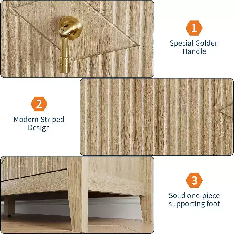 Commode à 6 tiroirs extra large de 137 cm avec panneaux cannelés Meuble de rangement moderne Meuble TV finition chêne, pour chambre, salon, couloir