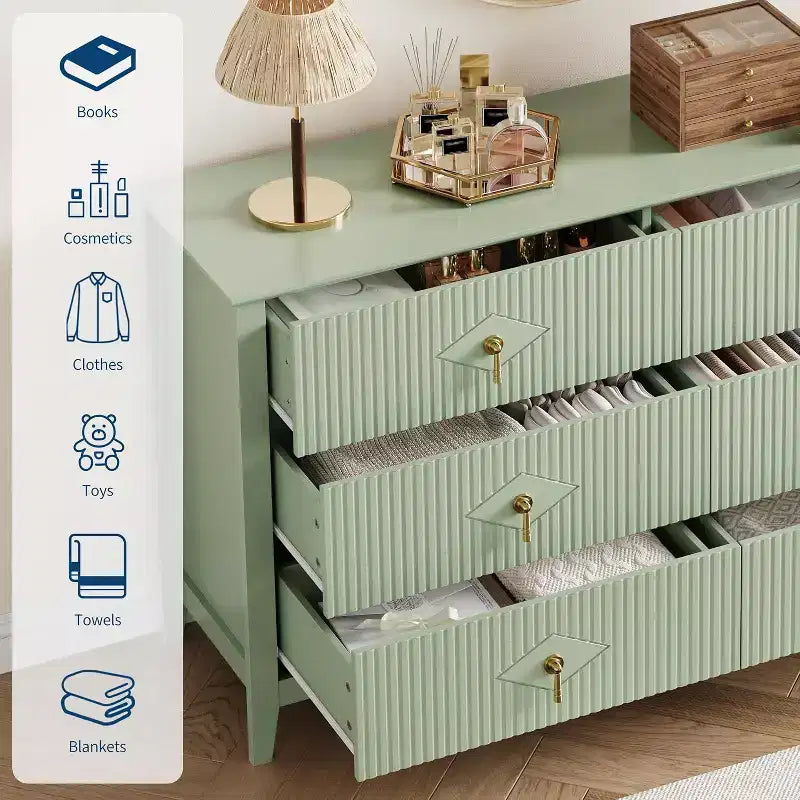 Commode à 6 tiroirs extra large de 137 cm avec panneaux cannelés Meuble de rangement moderne Meuble TV finition chêne, pour chambre, salon, couloir