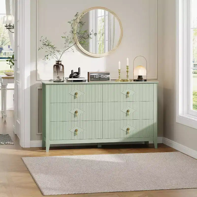 Commode à 6 tiroirs extra large de 137 cm avec panneaux cannelés Meuble de rangement moderne Meuble TV finition chêne, pour chambre, salon, couloir