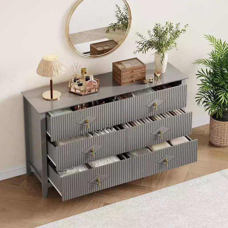 Commode à 6 tiroirs extra large de 137 cm avec panneaux cannelés Meuble de rangement moderne Meuble TV finition chêne, pour chambre, salon, couloir