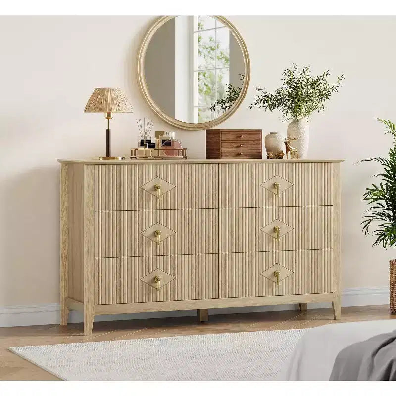 Commode à 6 tiroirs extra large de 137 cm avec panneaux cannelés Meuble de rangement moderne Meuble TV finition chêne, pour chambre, salon, couloir