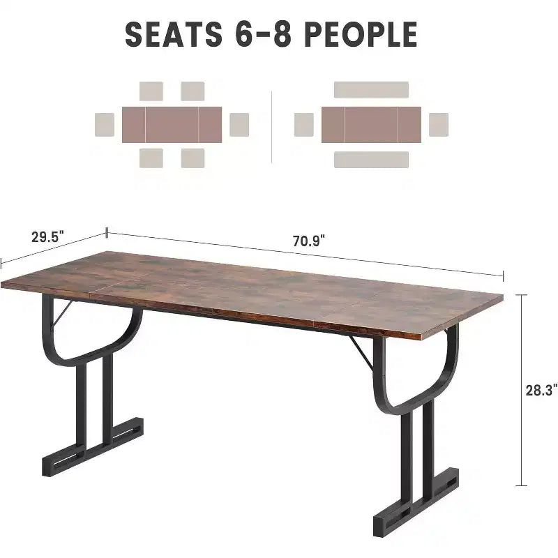 Table de salle à manger rectangulaire de 180 cm pour 4 à 6 personnes, pied en métal épais en forme de verre à vin, plateau en bois épaissi résistant à l'usure, pour cuisine ou bureau.