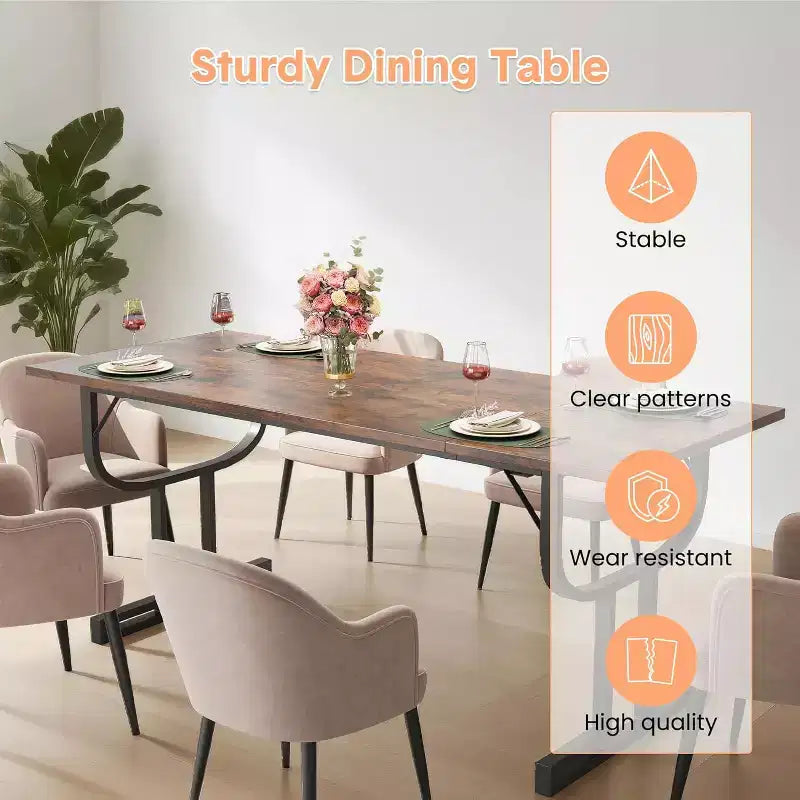Table de salle à manger rectangulaire de 180 cm pour 4 à 6 personnes, pied en métal épais en forme de verre à vin, plateau en bois épaissi résistant à l'usure, pour cuisine ou bureau.