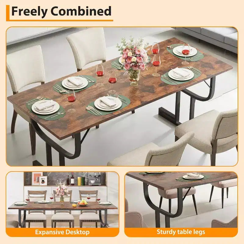 Table de salle à manger rectangulaire de 180 cm pour 4 à 6 personnes, pied en métal épais en forme de verre à vin, plateau en bois épaissi résistant à l'usure, pour cuisine ou bureau.