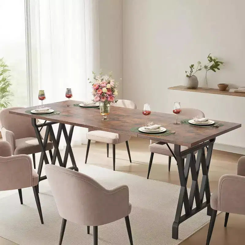 Table de salle à manger rectangulaire de 180 cm pour 4 à 6 personnes, pied en métal épais en forme de verre à vin, plateau en bois épaissi résistant à l'usure, pour cuisine ou bureau.