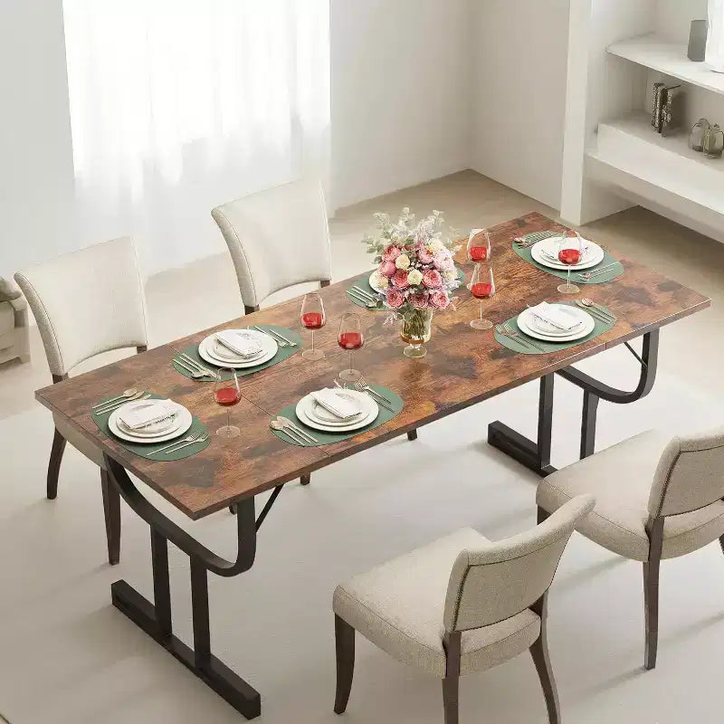 Table de salle à manger rectangulaire de 180 cm pour 4 à 6 personnes, pied en métal épais en forme de verre à vin, plateau en bois épaissi résistant à l'usure, pour cuisine ou bureau.