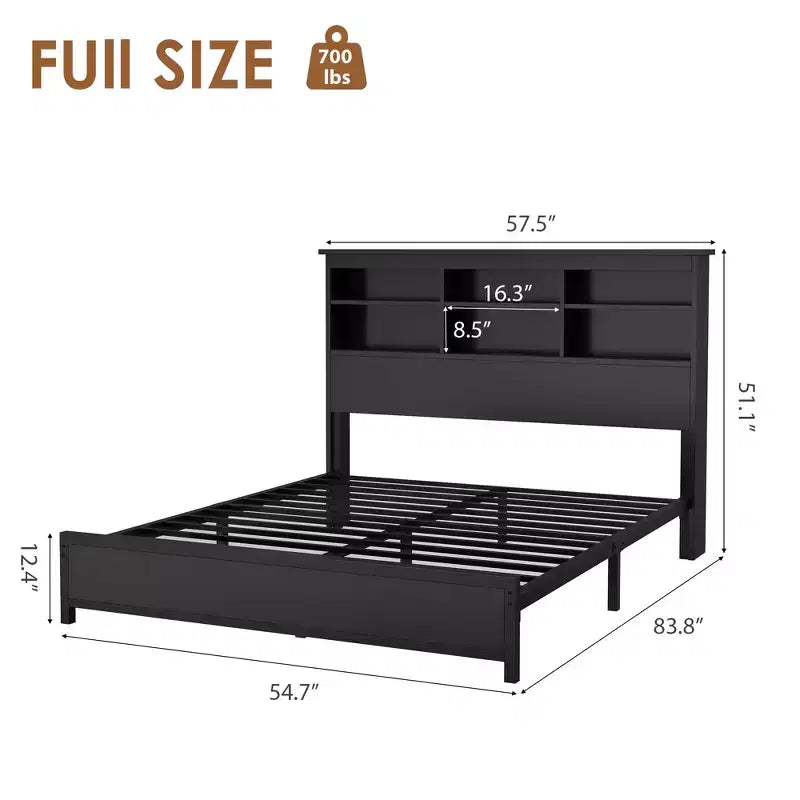 Cadre de lit King Size avec tête de lit bibliothèque, grand cadre de tête de lit en bois, espace de rangement sous le lit, aucun sommier tapissier requis, noir