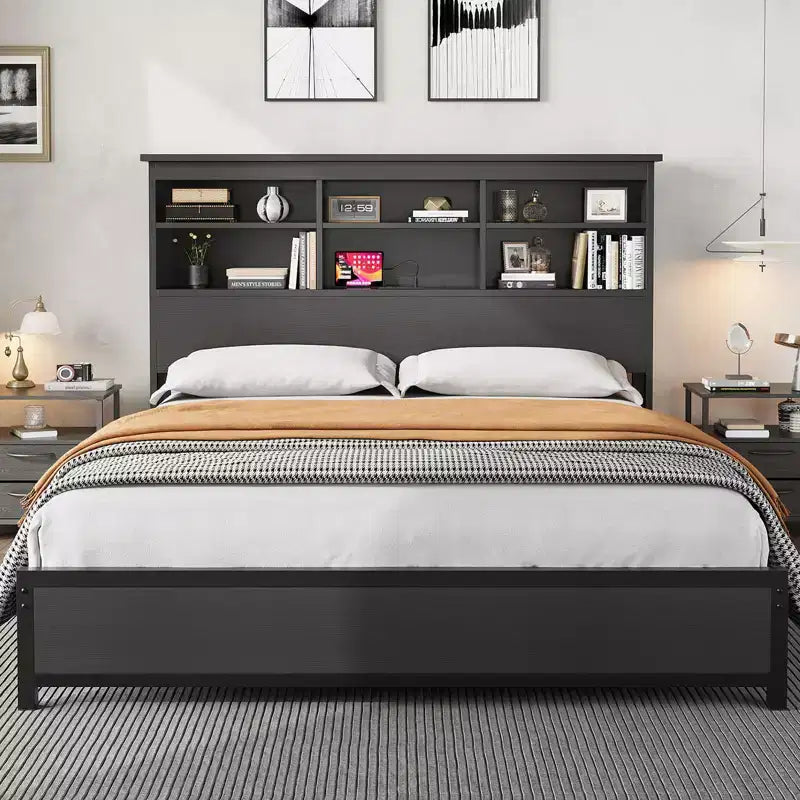 Cadre de lit King Size avec tête de lit bibliothèque, grand cadre de tête de lit en bois, espace de rangement sous le lit, aucun sommier tapissier requis, noir