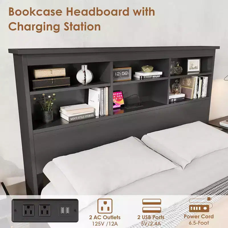 Cadre de lit King Size avec tête de lit bibliothèque, grand cadre de tête de lit en bois, espace de rangement sous le lit, aucun sommier tapissier requis, noir