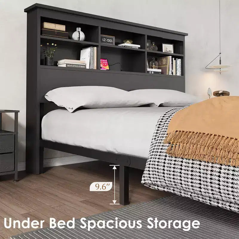Cadre de lit King Size avec tête de lit bibliothèque, grand cadre de tête de lit en bois, espace de rangement sous le lit, aucun sommier tapissier requis, noir