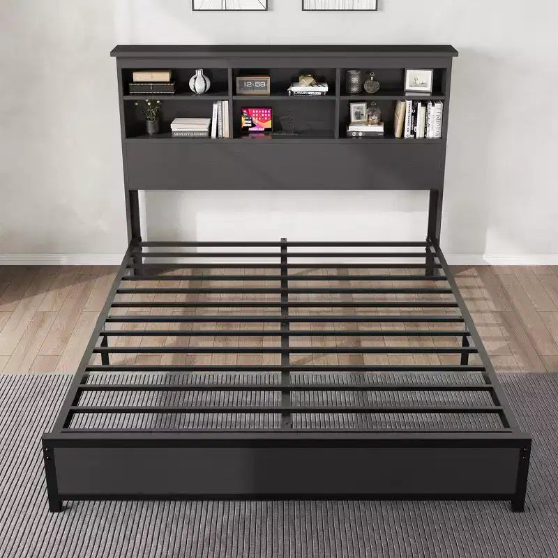 Cadre de lit King Size avec tête de lit bibliothèque, grand cadre de tête de lit en bois, espace de rangement sous le lit, aucun sommier tapissier requis, noir