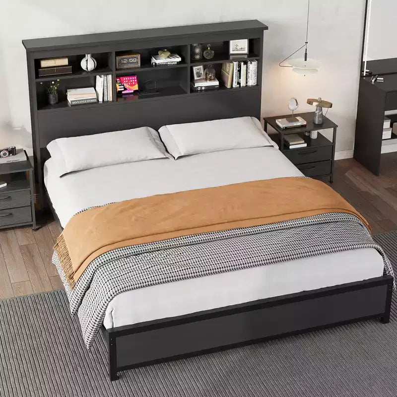 Cadre de lit King Size avec tête de lit bibliothèque, grand cadre de tête de lit en bois, espace de rangement sous le lit, aucun sommier tapissier requis, noir