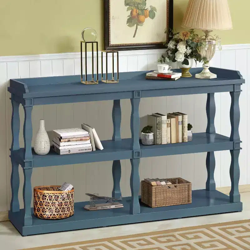 Table d'entrée avec rangements ouverts à 3 niveaux, Console avec pieds de support effet colonnes romaines, Console étroite pour couloir