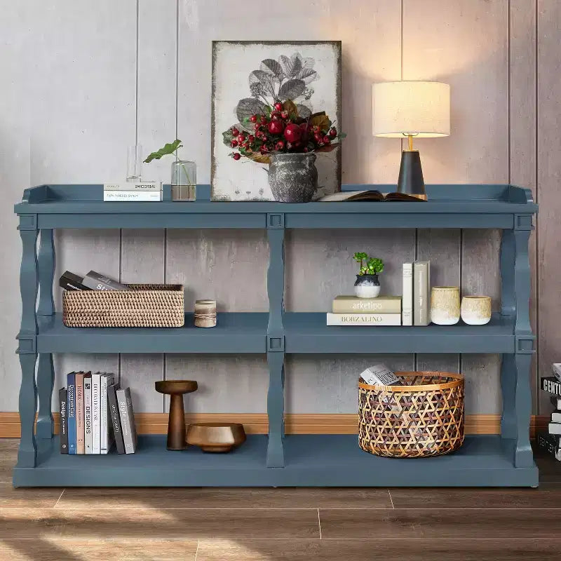 Okak Entry Table with 3-Tier Open Storage Spaces, Console Table with Roman Column Effect Support Legs, Narrow Console Table for Hallway
