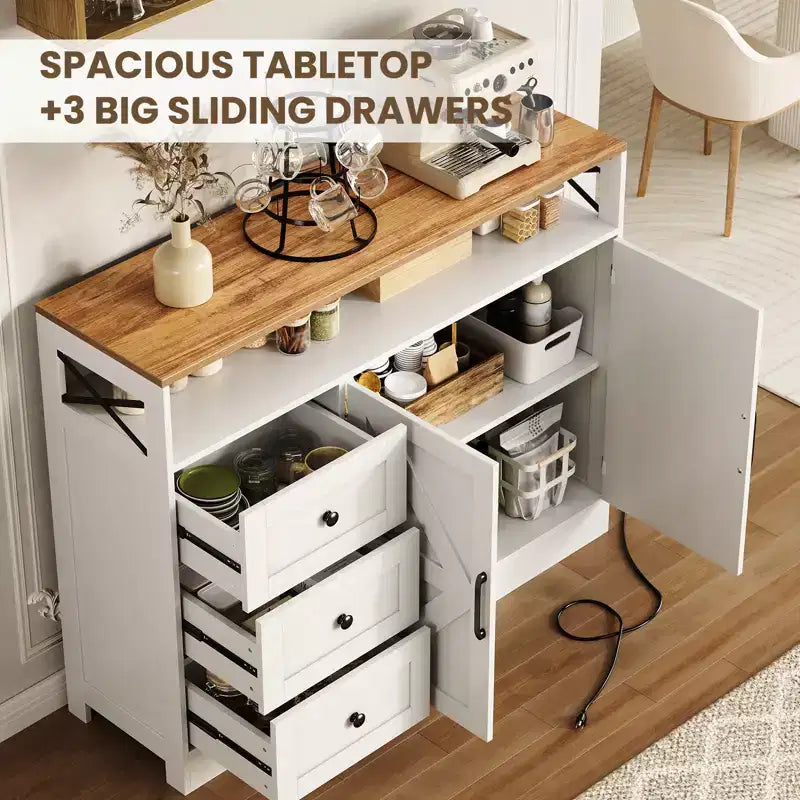 Meuble Buffet avec Prise de Courant, Desserte de Ferme Moderne avec Tiroirs et Portes Coulissantes, Étagère Réglable pour Cuisine Salon, Blanc